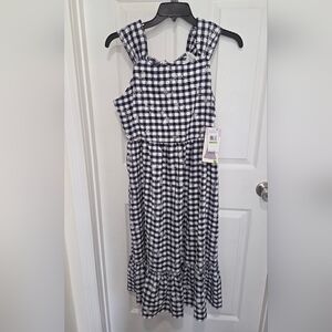 Blueberi Blvd Navy White Gingham Embroidered Midi Dress Puff Sleeve Smocked Size